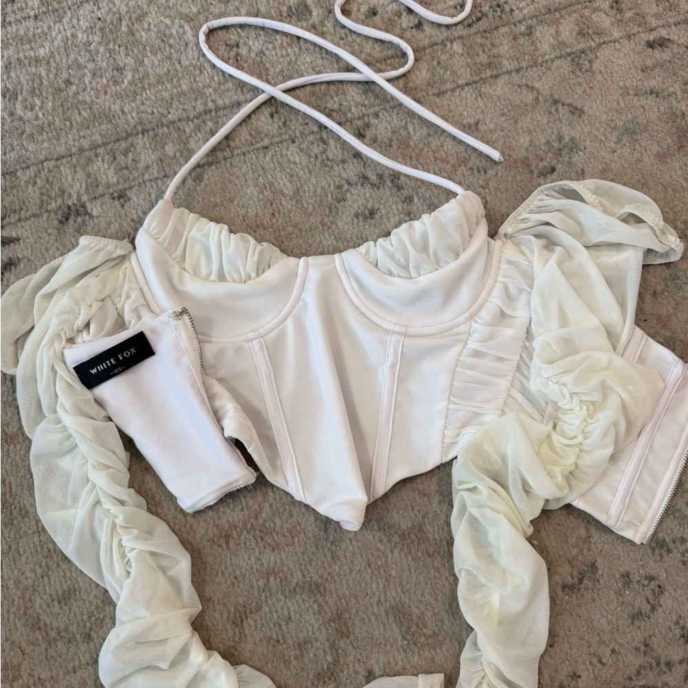 White Fox Cream Corset Top with Puff Sleeves